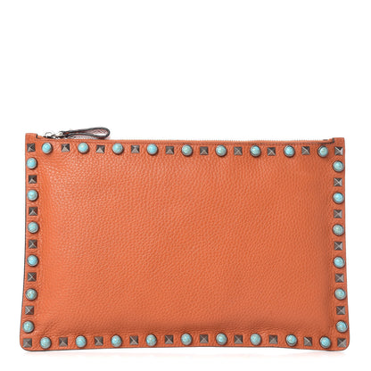 Valentino Garavani Grained Calfskin Turquoise Large Rockstud Rolling Zip Pouch Orange 1 of 8
