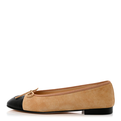 Chanel Suede Cap Toe CC Ballerina Flats 38.5 Beige Black 1 of 12
