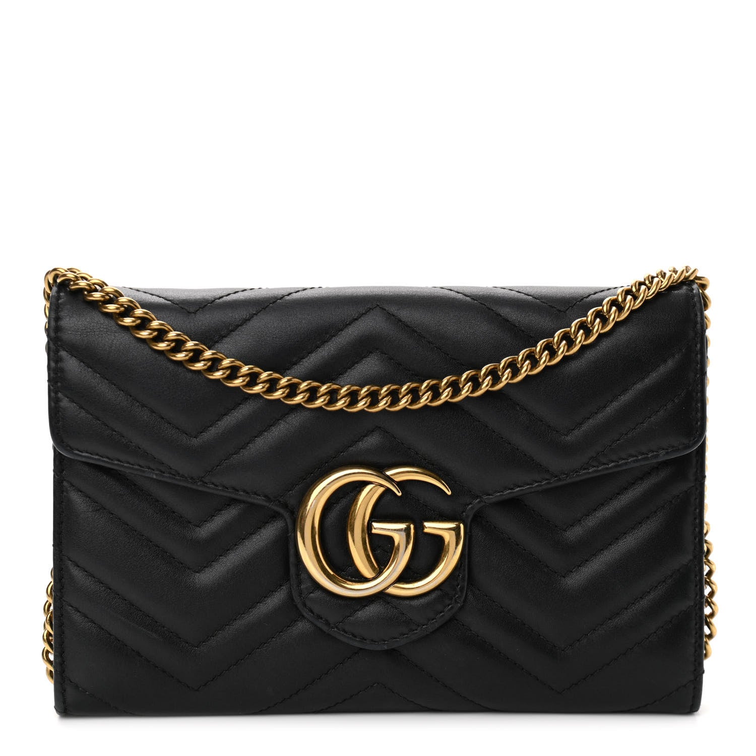 Gucci Calfskin Matelasse Mini GG Marmont Chain Wallet Black 1 of 9