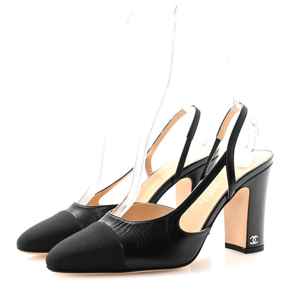 Chanel Lambskin Grosgrain Cap Toe CC Slingback Pumps 39 Black 4 of 9