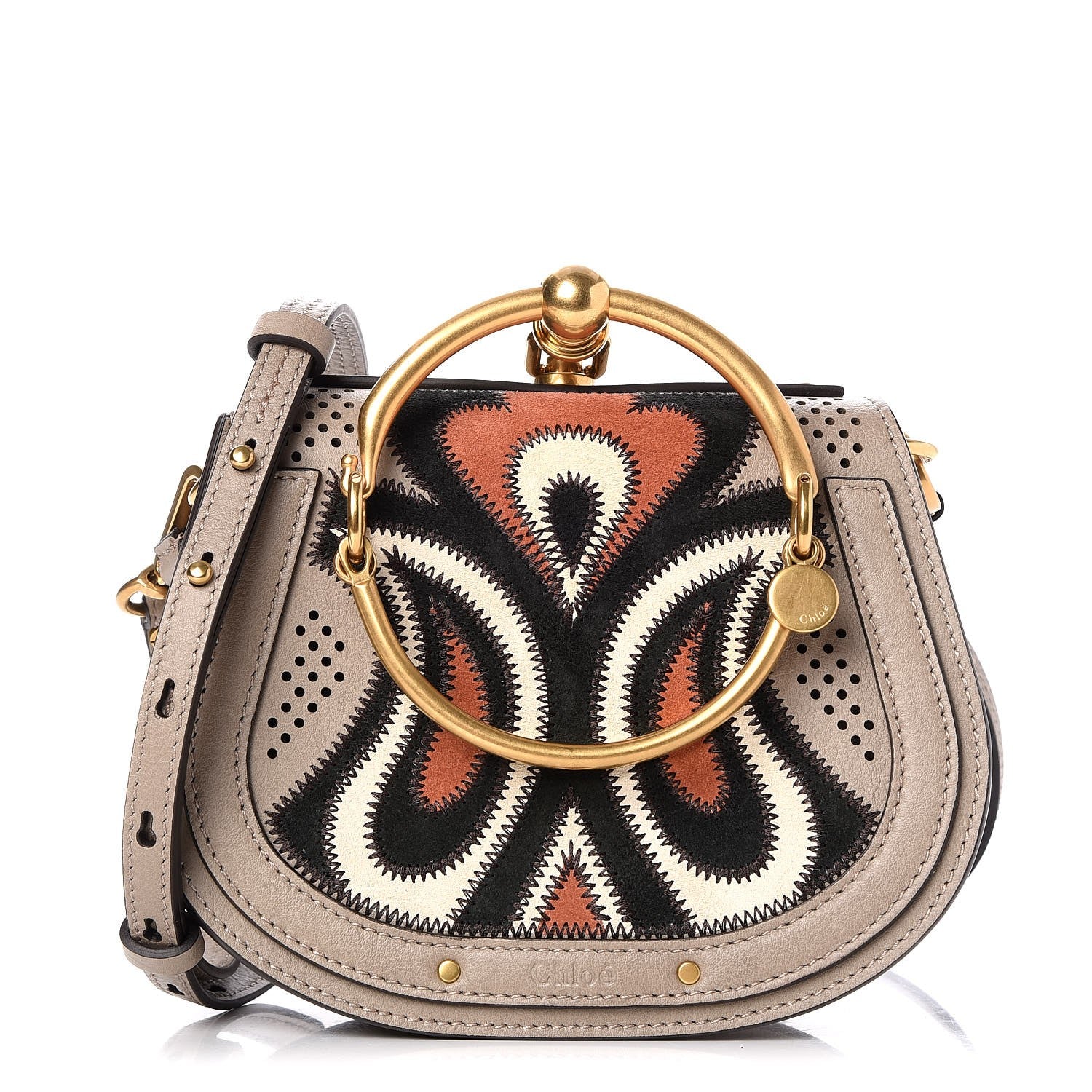 Chloe Calfskin Suede Paisley Patchwork Perforated Small Nile Bracelet Bag Motty Grey 1 of 7