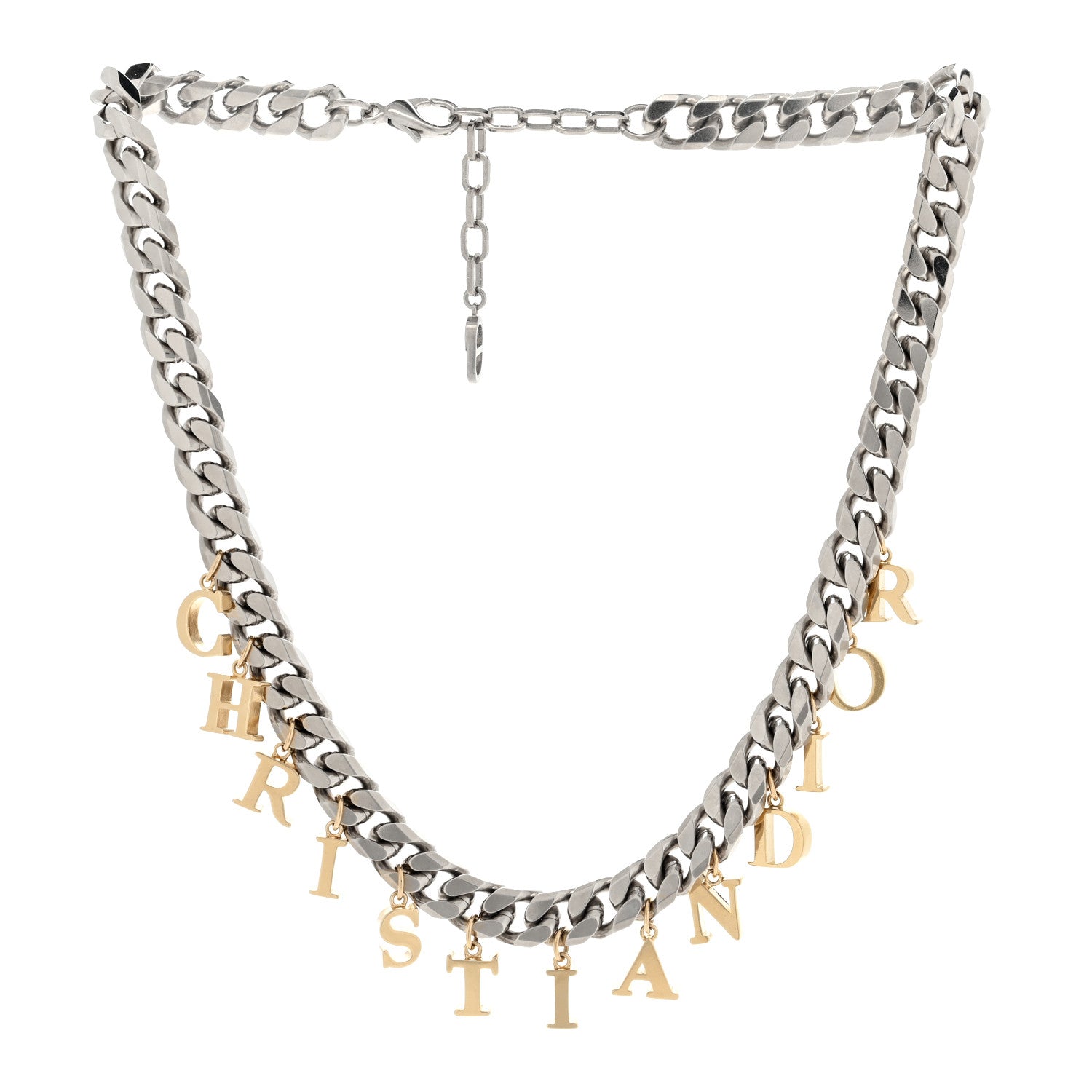 Christian Dior Metal Chain Logo Charm Necklace Gold Ruthenium 2 of 4