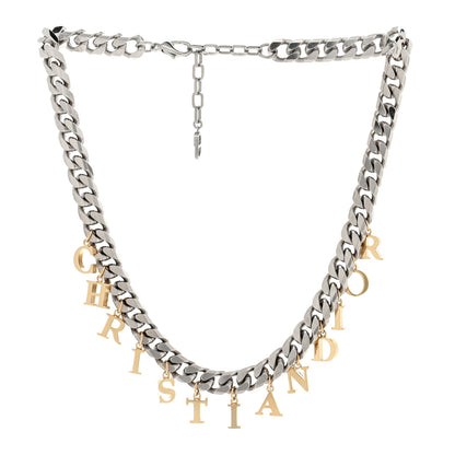 Christian Dior Metal Chain Logo Charm Necklace Gold Ruthenium 2 of 4