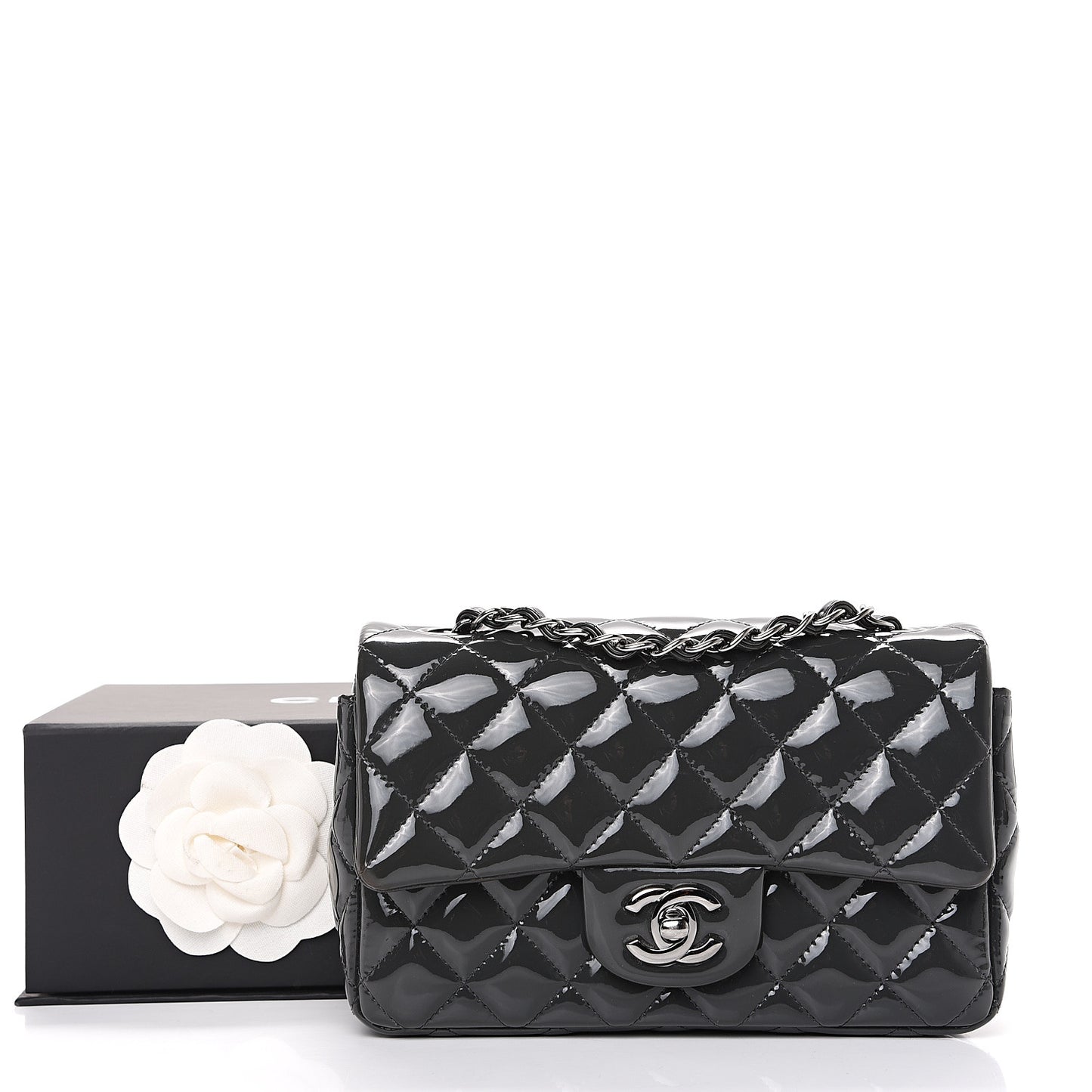 Patent Calfskin Quilted Mini Rectangular Flap Dark Grey