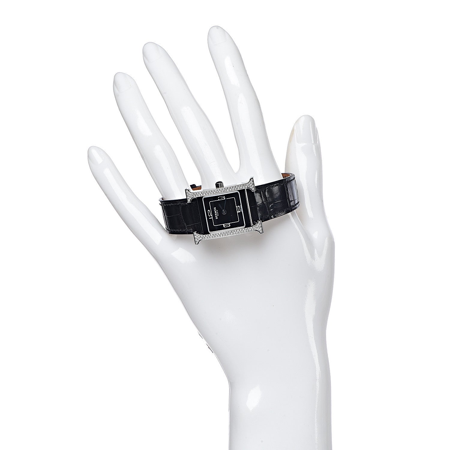 Hermes Stainless Steel Alligator Diamond Lacquer 21mm Heure H Hour Double Jeu Quartz Watch Noir 2 of 10