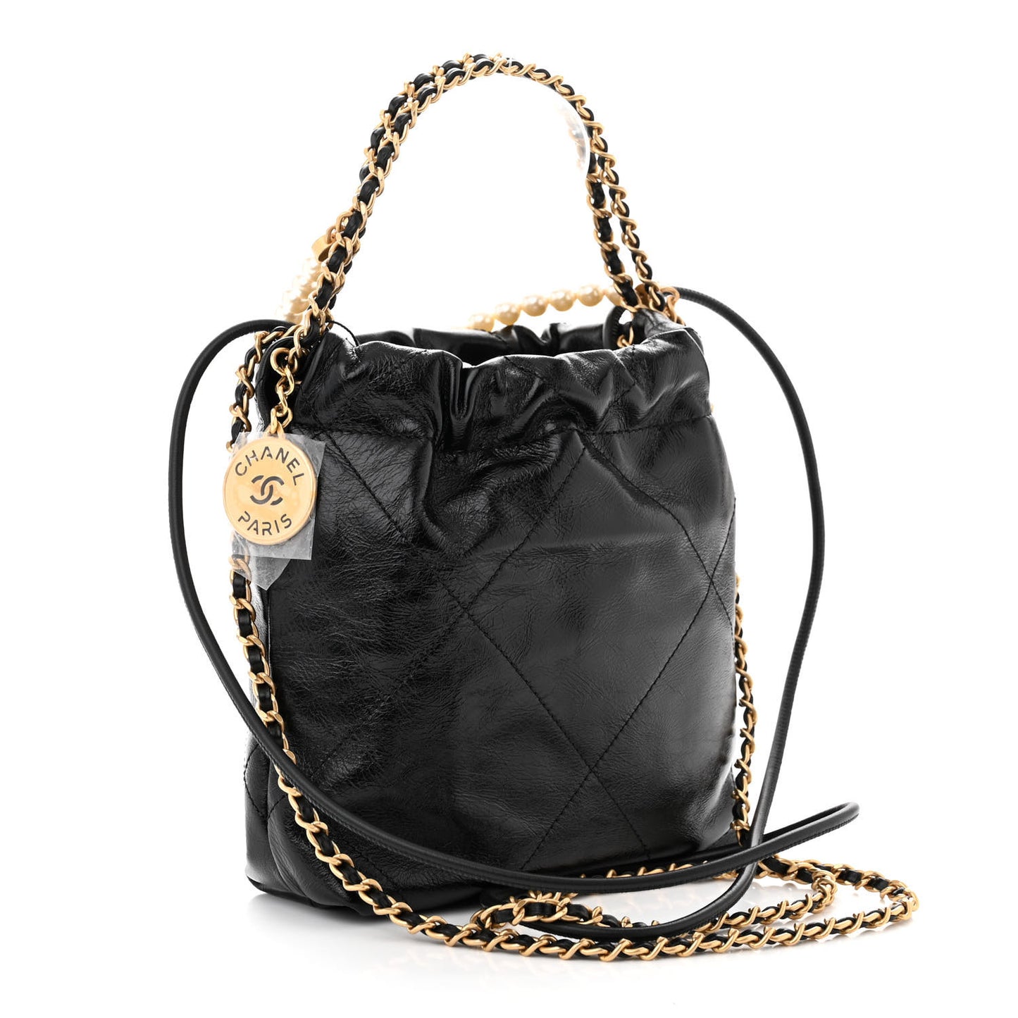 Shiny Crumpled Calfskin Quilted Pearl Mini Chanel 22 Black