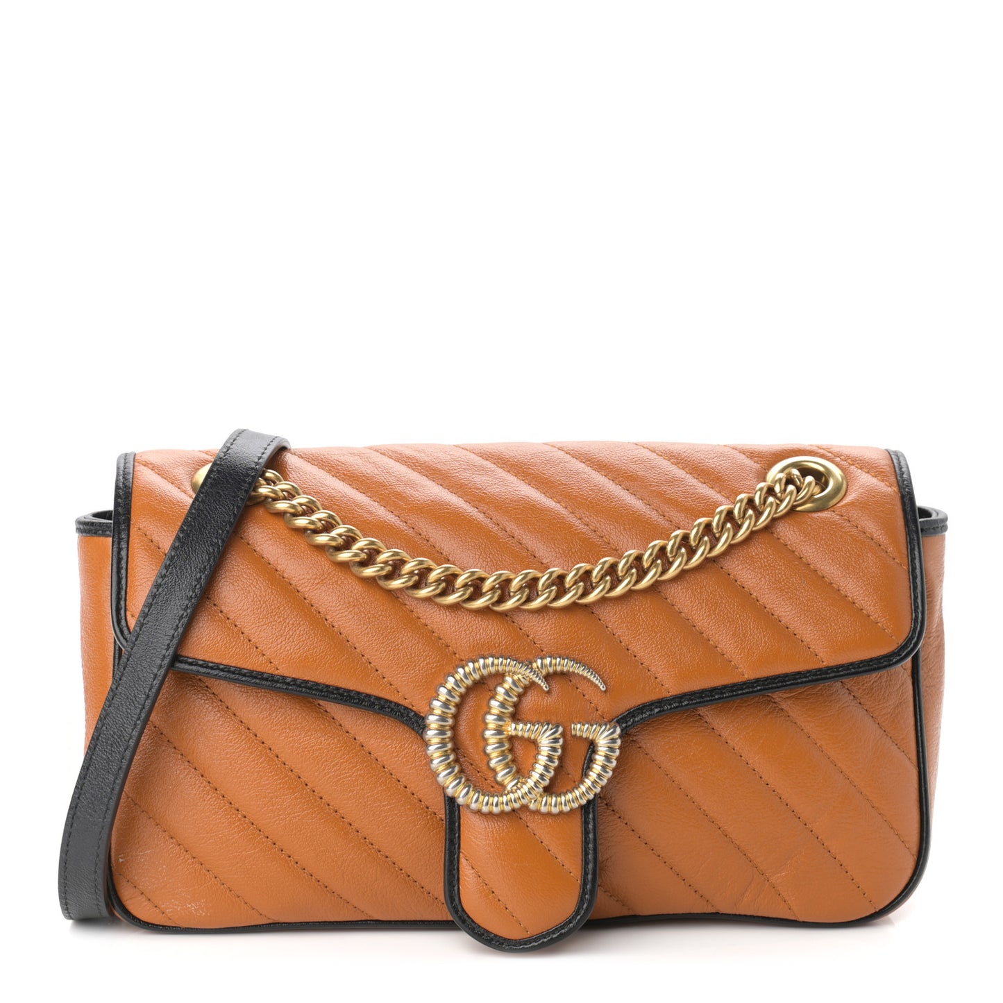 Vintage Effect Calfskin Matelasse Diagonal Small Torchon GG Marmont Shoulder Bag Cognac Black
