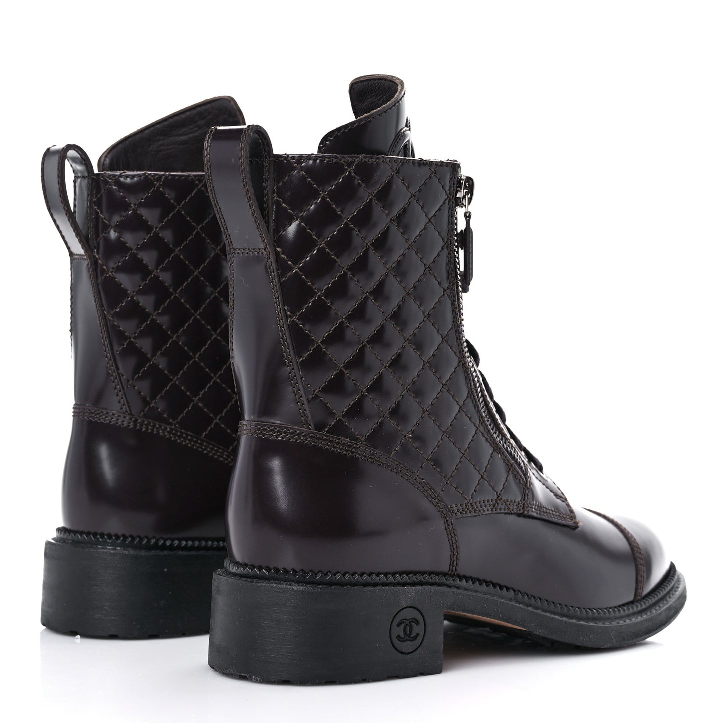 Glazed Calfskin Quilted Lace Up Combat Boots 37.5 Brown