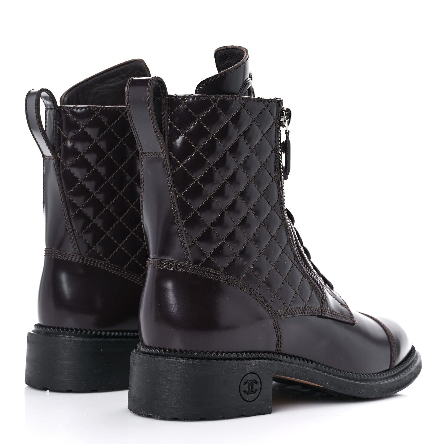 Chanel Glazed Calfskin Quilted Lace Up Combat Boots 37.5 Brown 4 of 15
