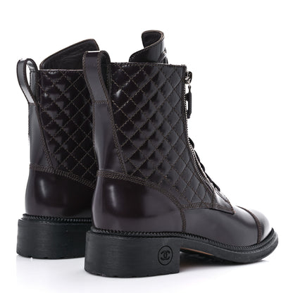 Chanel Glazed Calfskin Quilted Lace Up Combat Boots 37.5 Brown 4 of 15