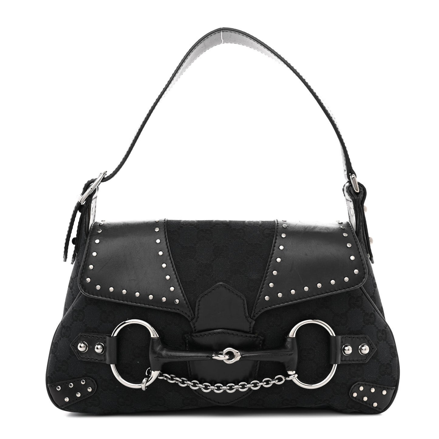 Monogram Horsebit Chain Studded Flap Shoulder Bag Black