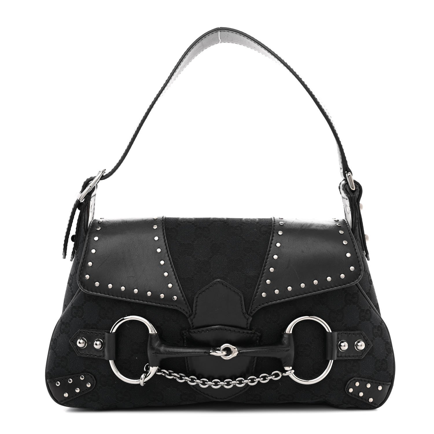Gucci Monogram Horsebit Chain Studded Flap Shoulder Bag Black 1 of 14