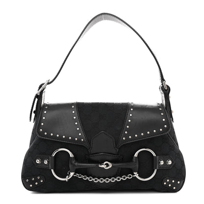 Gucci Monogram Horsebit Chain Studded Flap Shoulder Bag Black 1 of 14