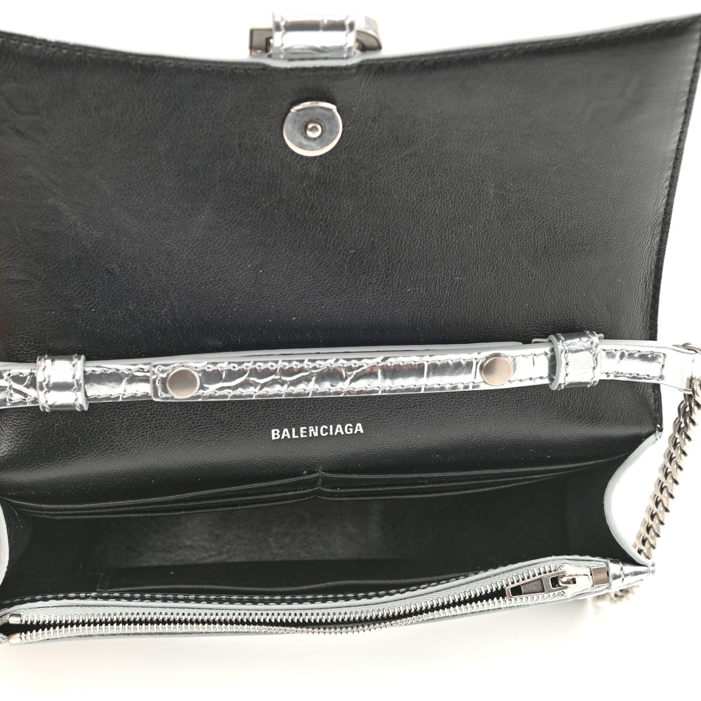 Metallic Calfskin Crocodile Embossed Hourglass Chain Bag Silver