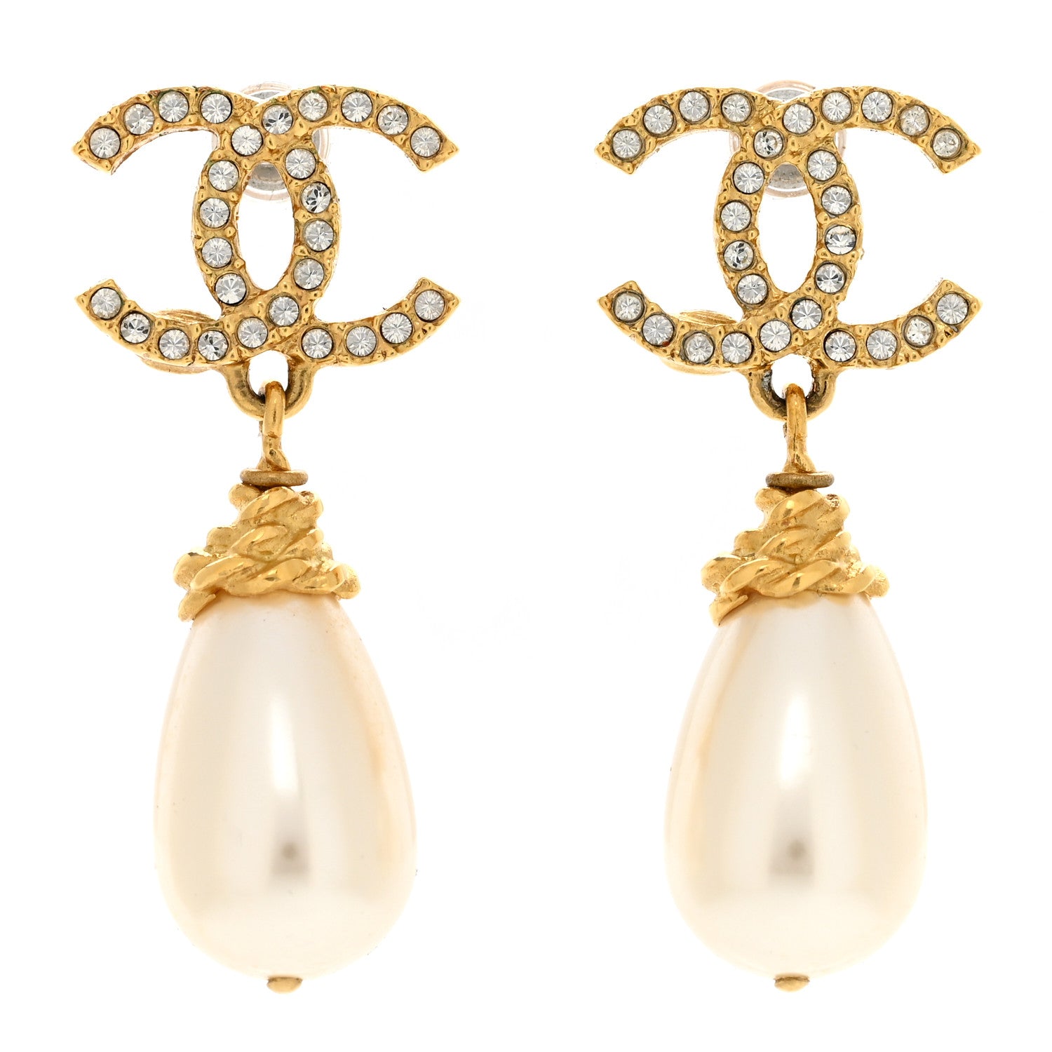 Chanel Crystal Pearl CC Braided Drop Earrings Gold 1 of 5