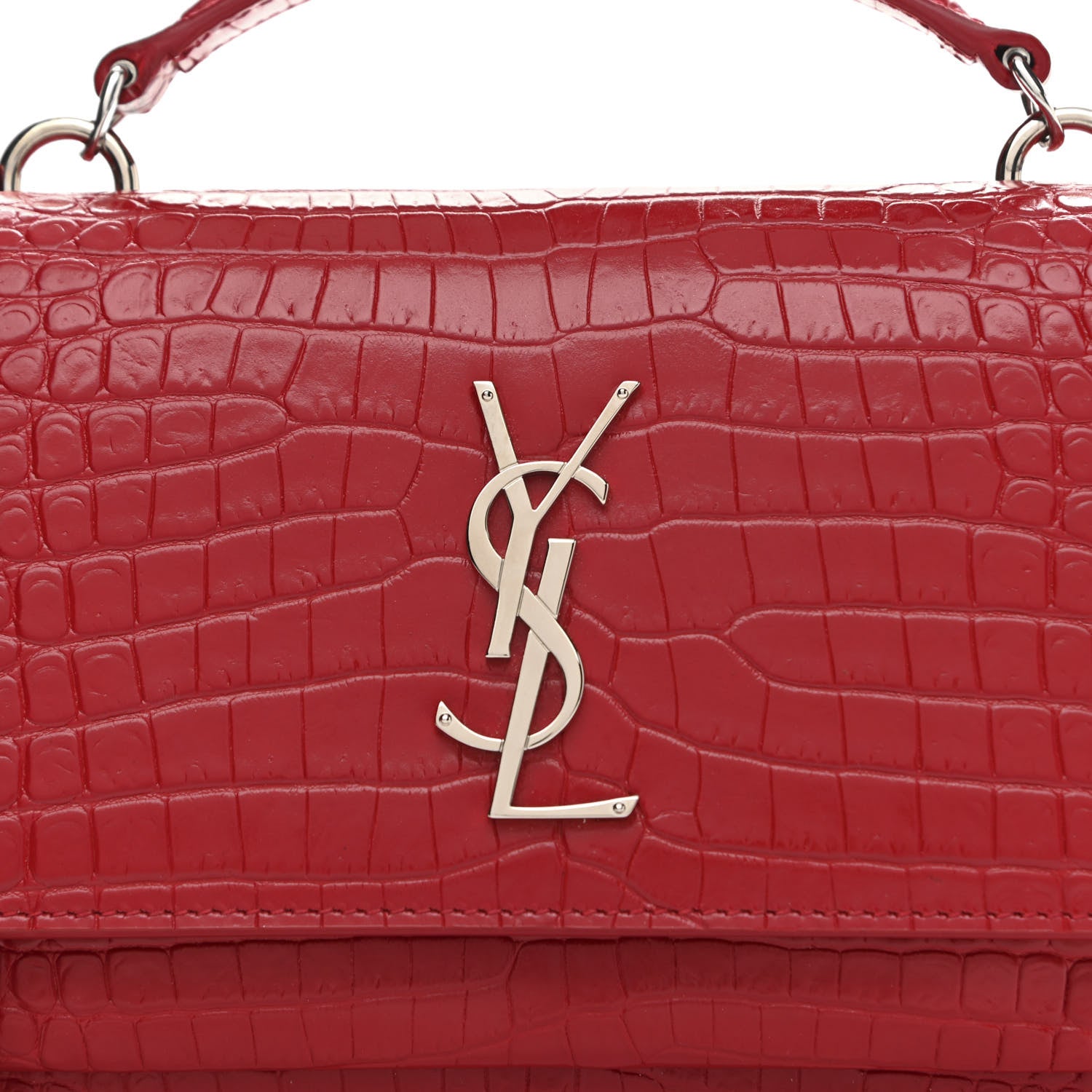 Saint Laurent Calfskin Crocodile Embossed Monogram Sunset Chain Wallet New Lipstick Red 8 of 13