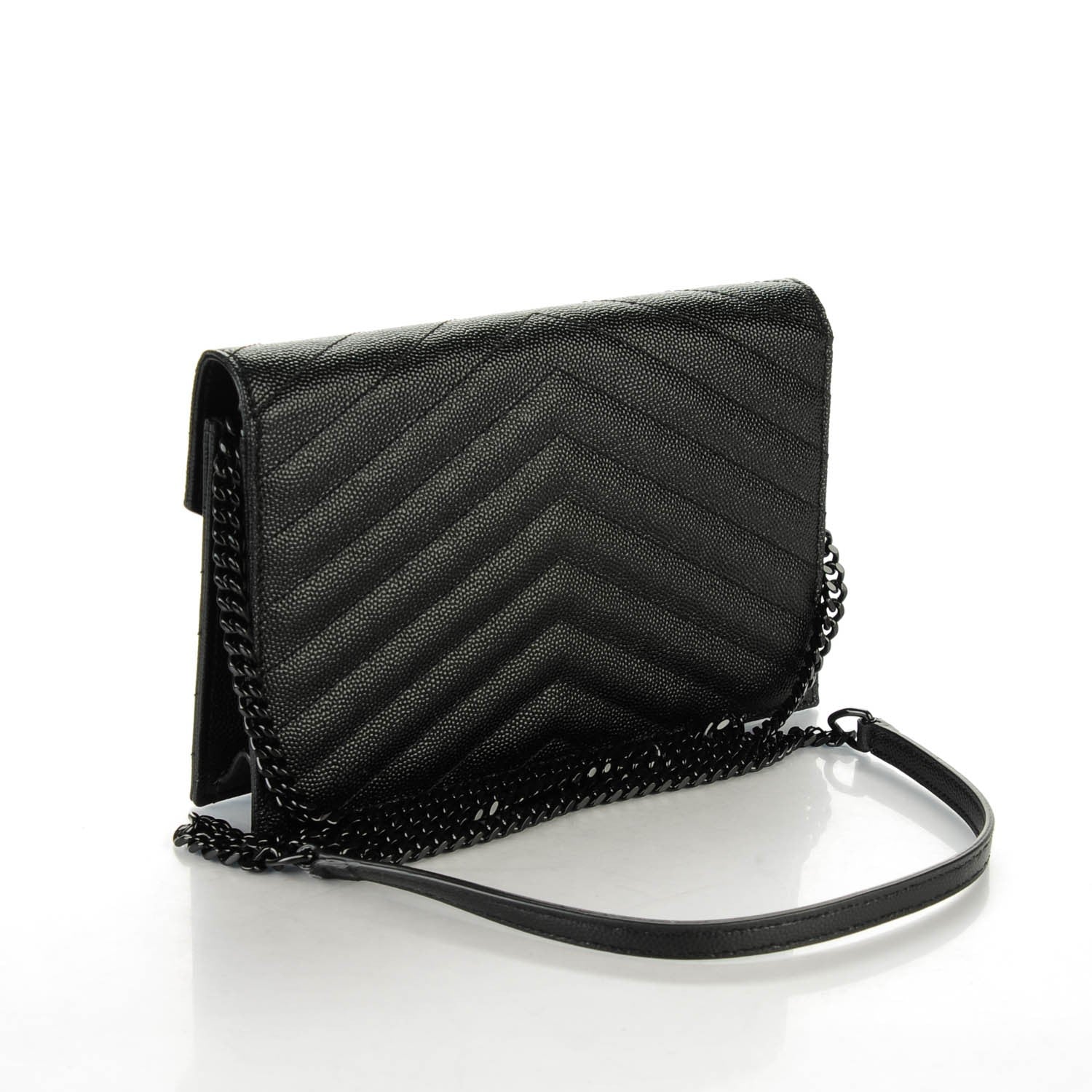 Saint Laurent Grain De Poudre Matelasse Chevron Monogram Envelope Chain Wallet Black 3 of 6