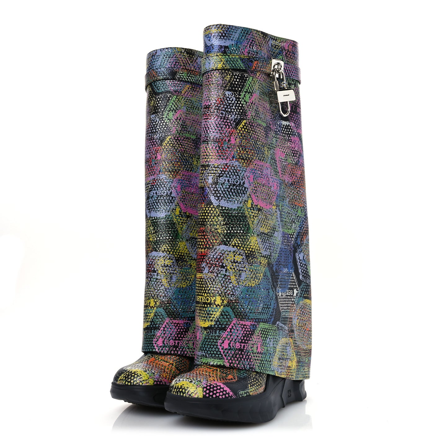 Grained Calfskin Printed Shark Lock Biker Knee Boots 40 Black Multicolor