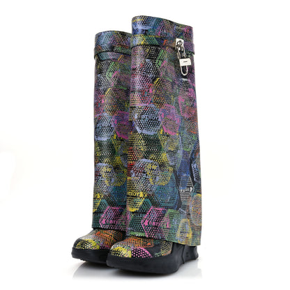 Givenchy Grained Calfskin Printed Shark Lock Biker Knee Boots 40 Black Multicolor 4 of 11