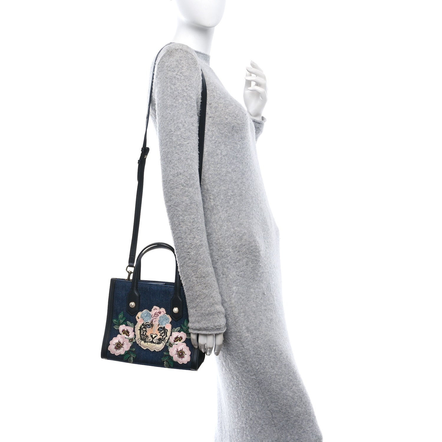 Gucci Denim Embroidered Tiger Tote Blue Multicolor 2 of 12