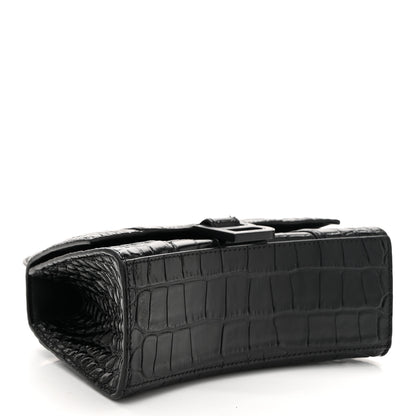 Balenciaga Shiny Calfskin Monochrome Crocodile Embossed Hourglass Top Handle Bag XS Black 4 of 10