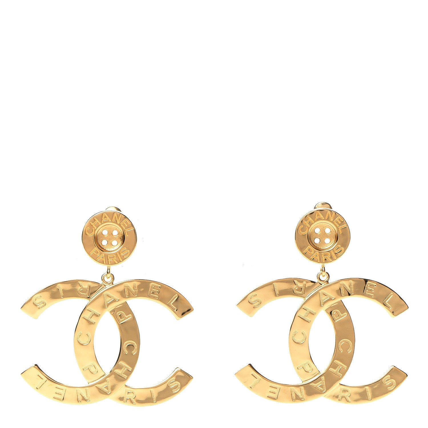 Chanel Metal Large Paris Button Earrings Gold 1 of 5