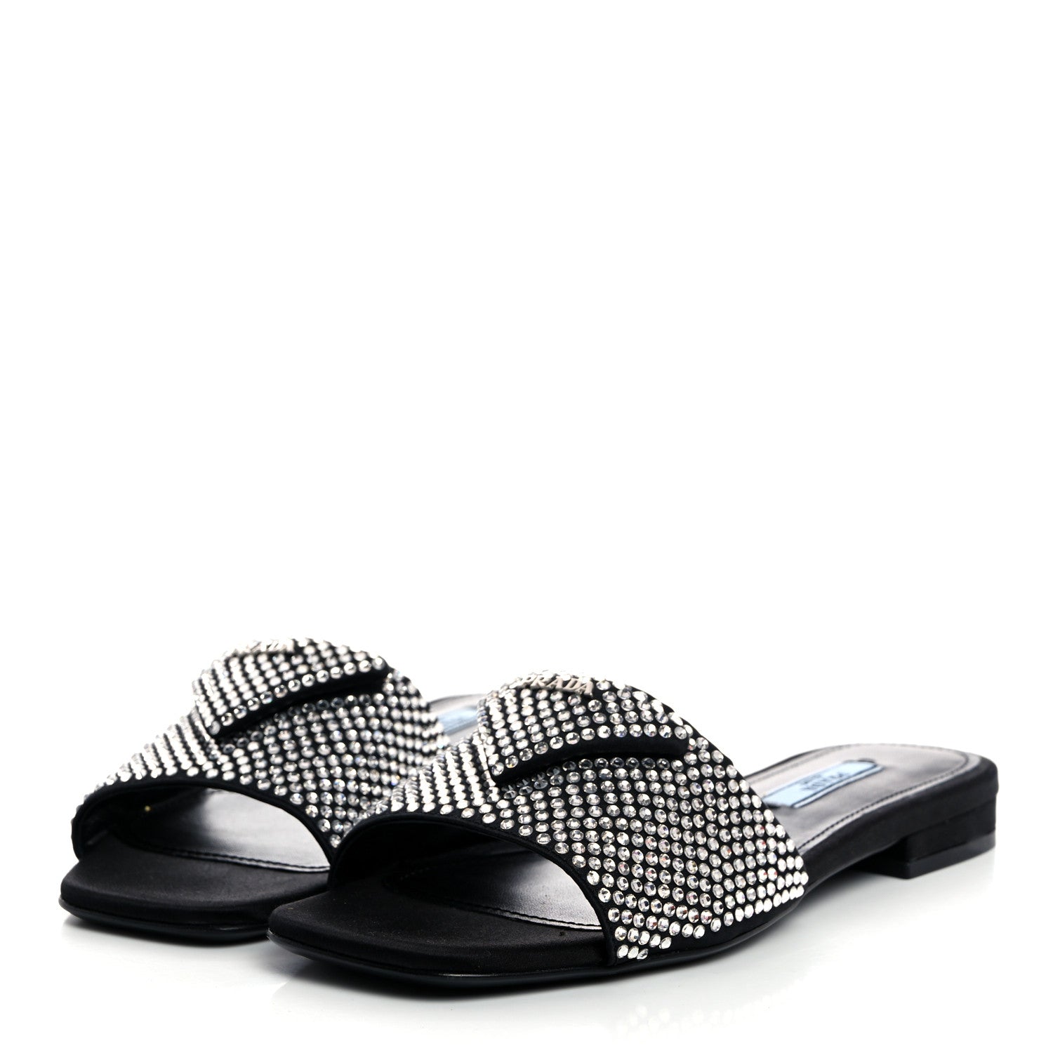 Prada Satin Crystal Logo 10mm Slide Sandals 35 Black 3 of 8