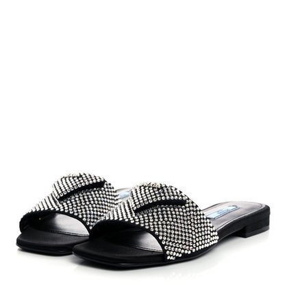 Prada Satin Crystal Logo 10mm Slide Sandals 35 Black 3 of 8