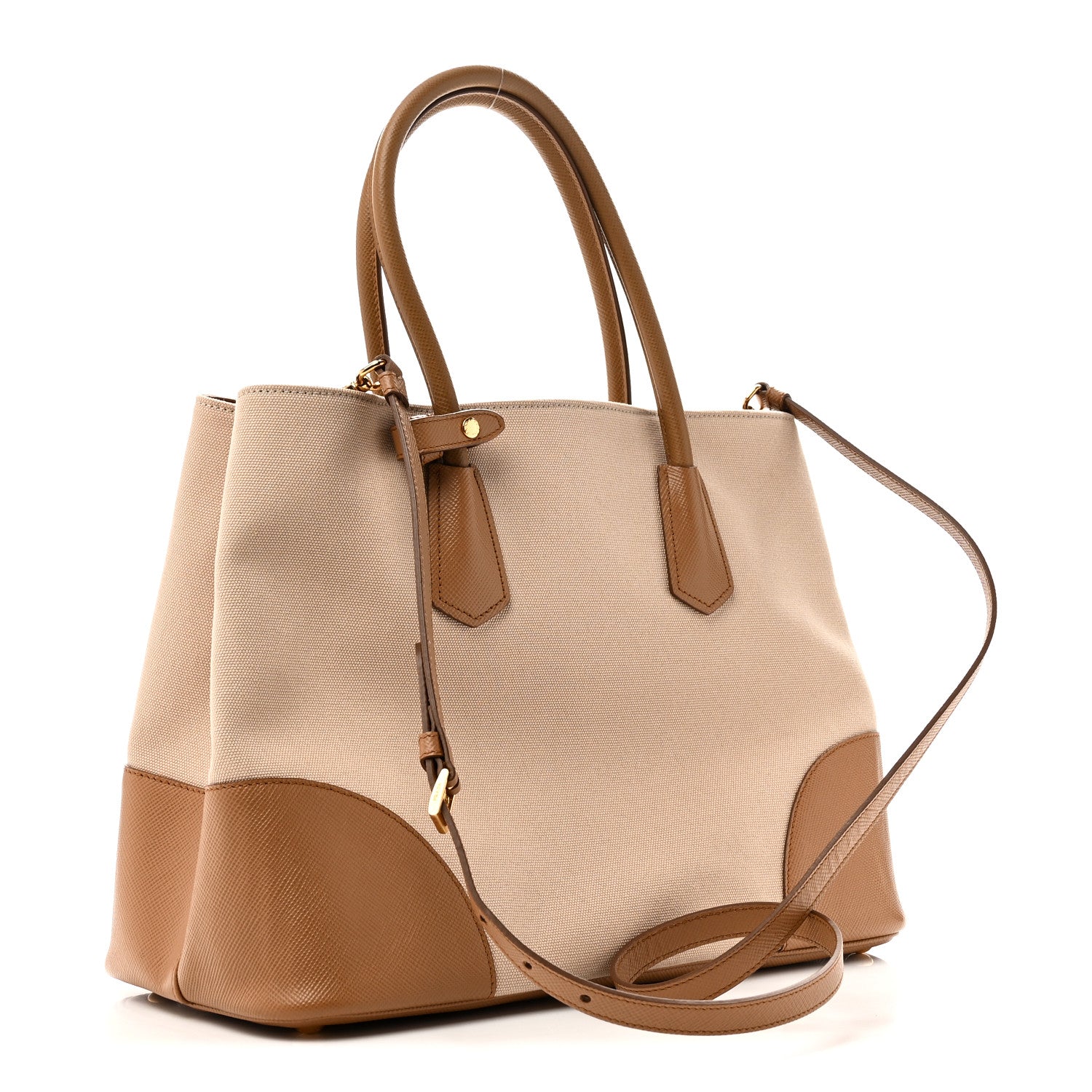 Prada Canvas Saffiano Cuir Calfskin Top Handle Tote Beige 3 of 9