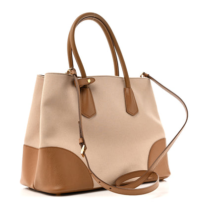 Prada Canvas Saffiano Cuir Calfskin Top Handle Tote Beige 3 of 9