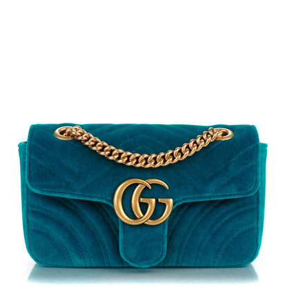 Gucci Velvet Matelasse Mini GG Marmont Shoulder Bag Pavone Cyan 1 of 7