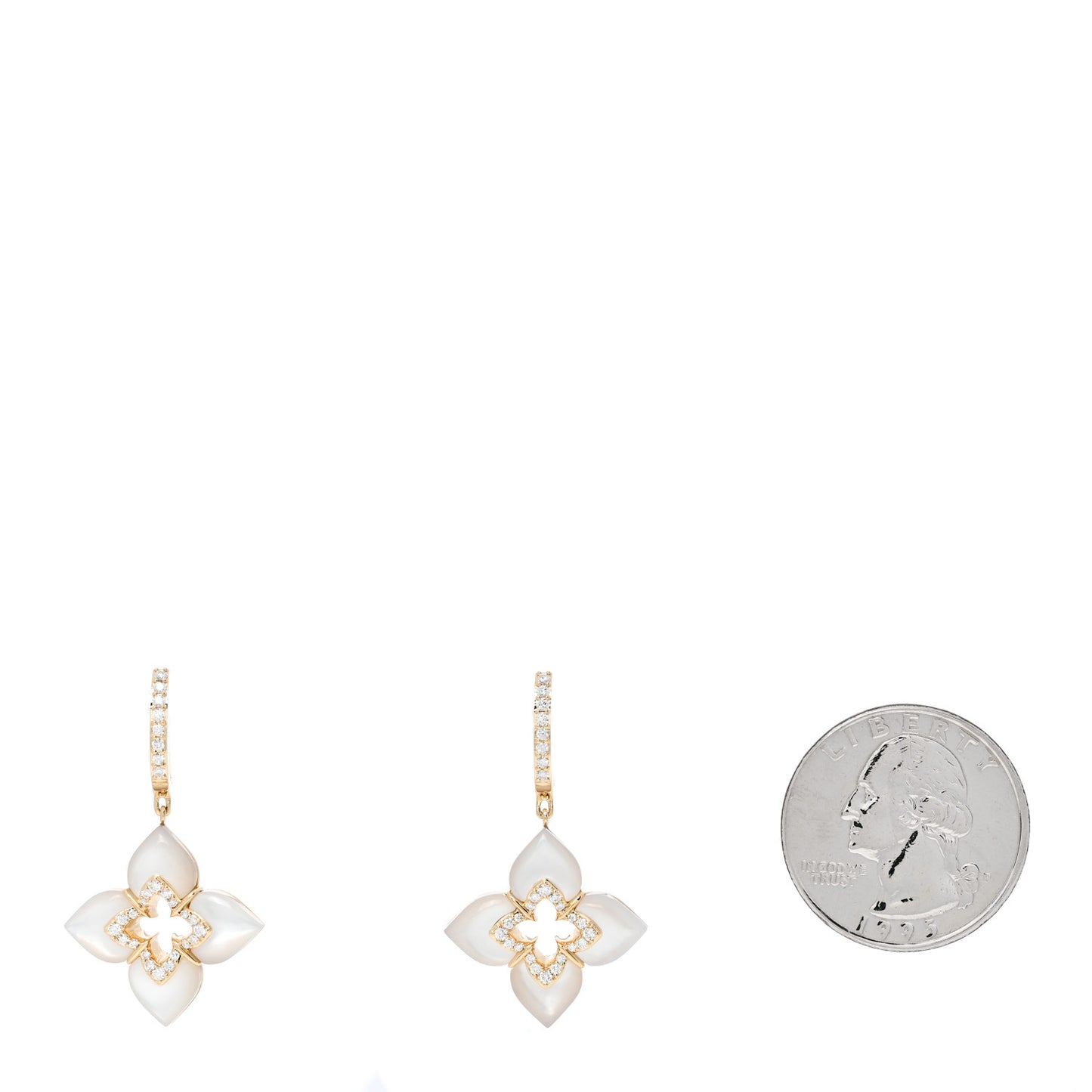 18K Yellow Gold Diamond Mother of Pearl Venetian Princess Cabachon Flower Drop Earrings