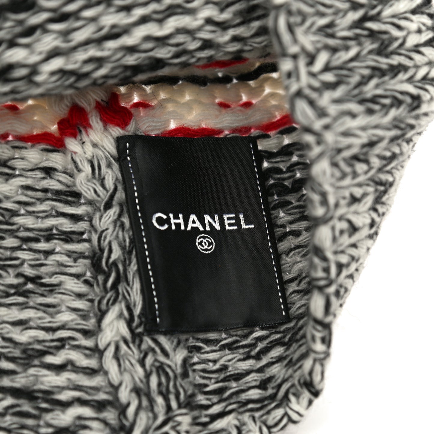 Wool Shearling CC Beanie Hat Ivory Black Red