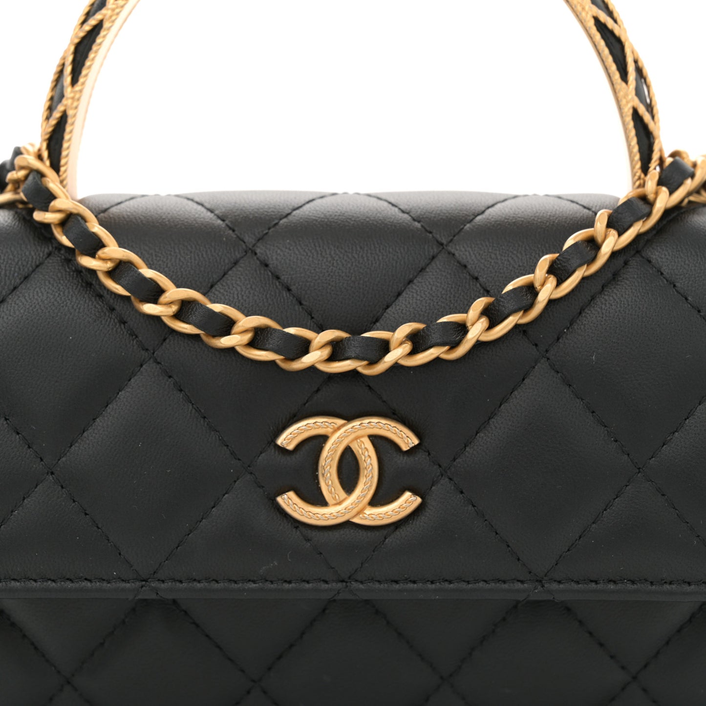 Lambskin Quilted Metal Twist Top Handle Flap Phone Holder With Chain Black