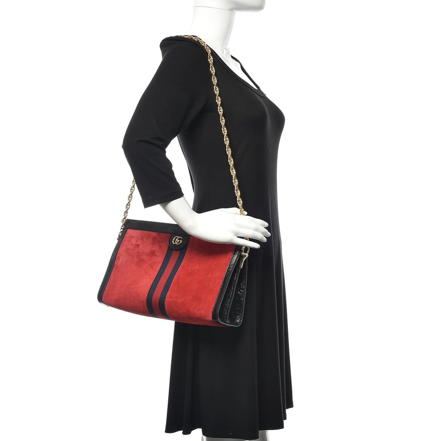 Suede Patent Web Medium Ophidia Chain Shoulder Bag Hibiscus Red Black