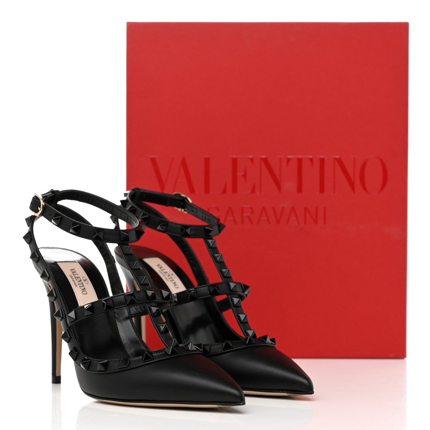 Calfskin Lacquered Monochrome Rockstud Ankle Strap 100mm Pumps 37 Black