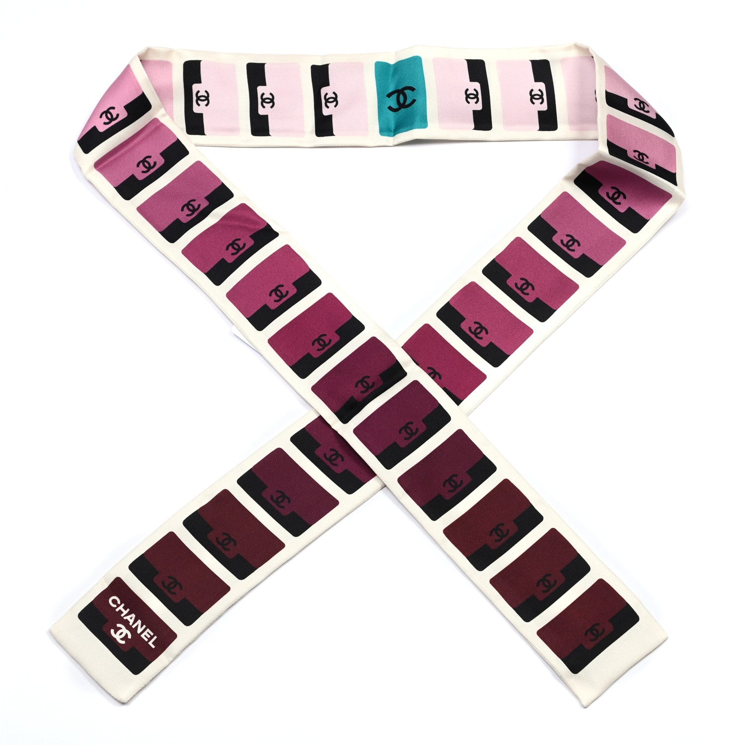 Chanel Silk CC Slim Bandeau Scarf Burgundy Black Ivory 1 of 3