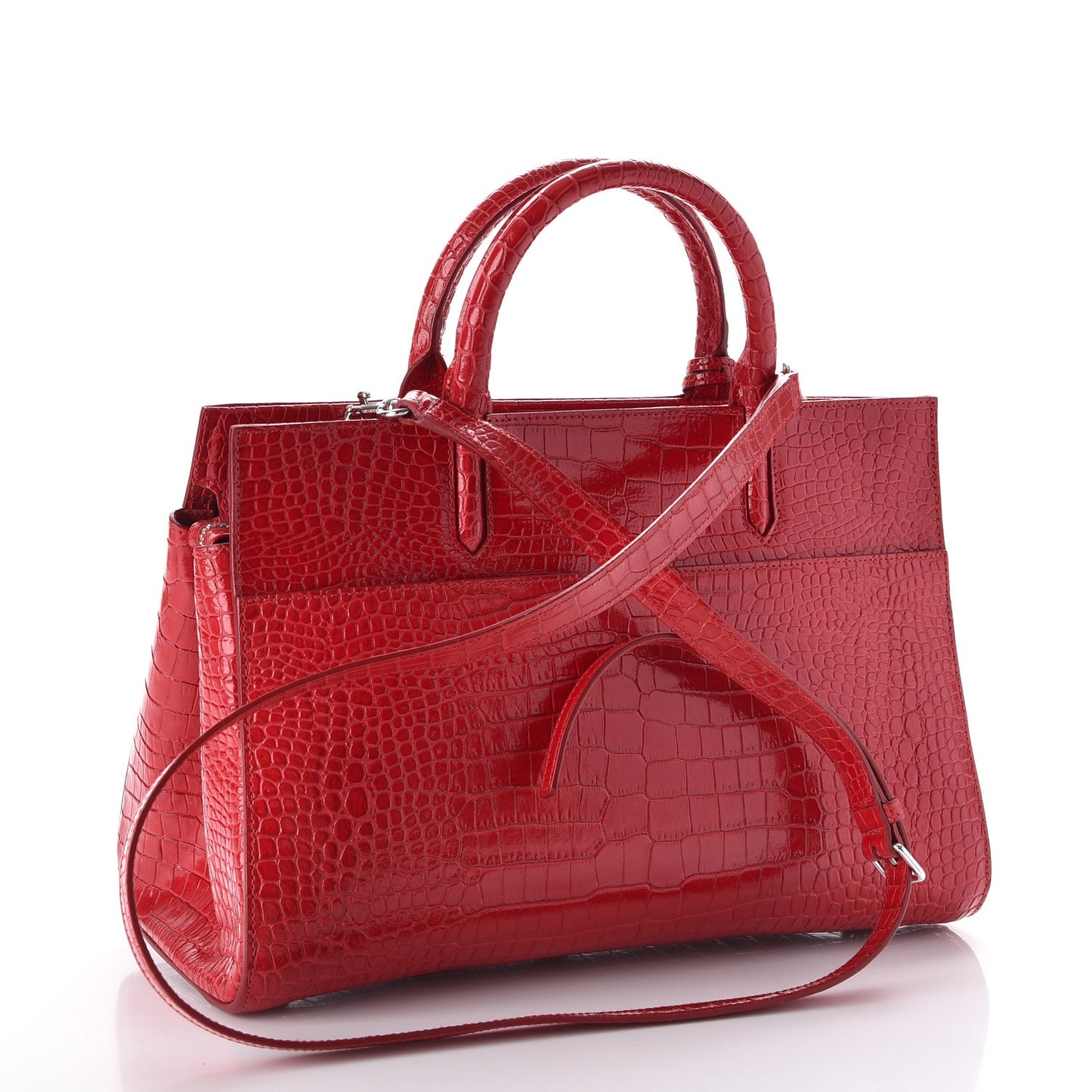 Calfskin Crocodile Embossed Small Cabas Rive Gauche Red