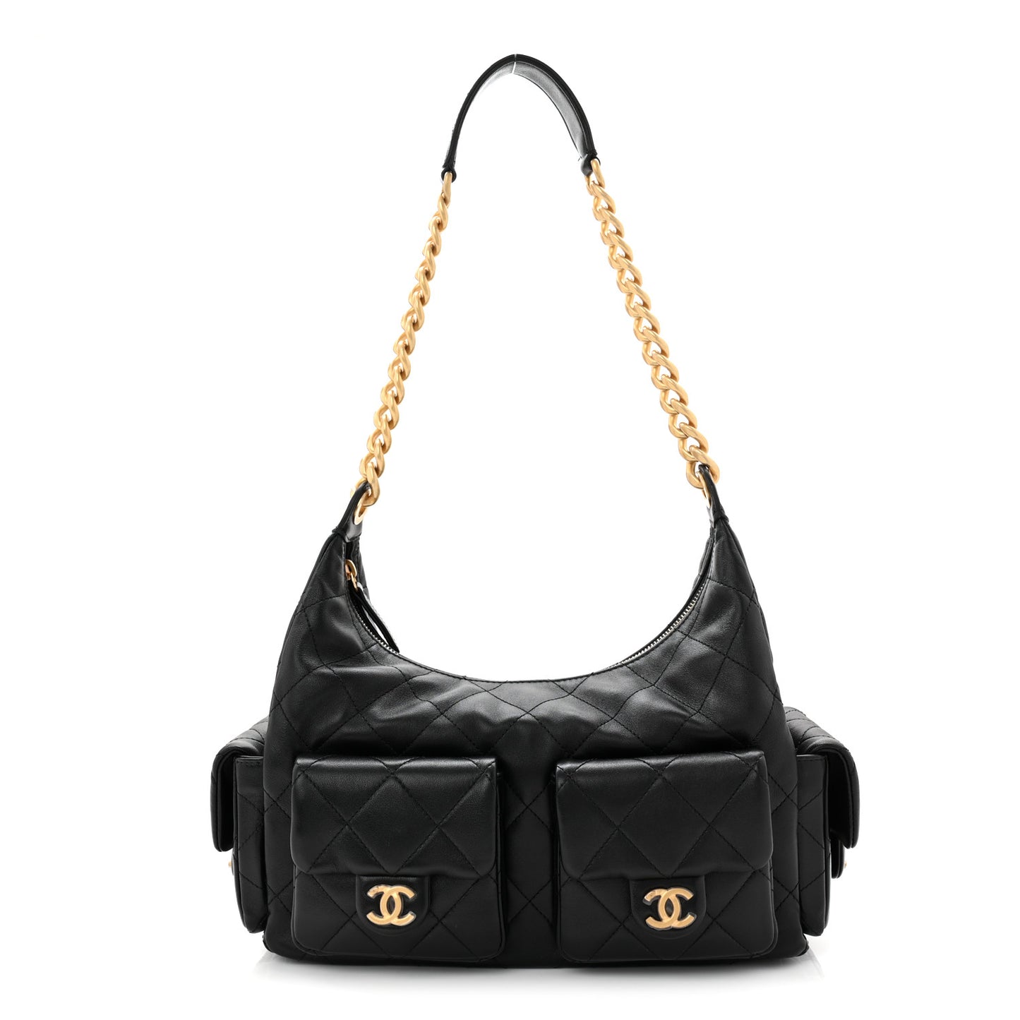 Shiny Lambskin Quilted Trendy Pockets Hobo Black