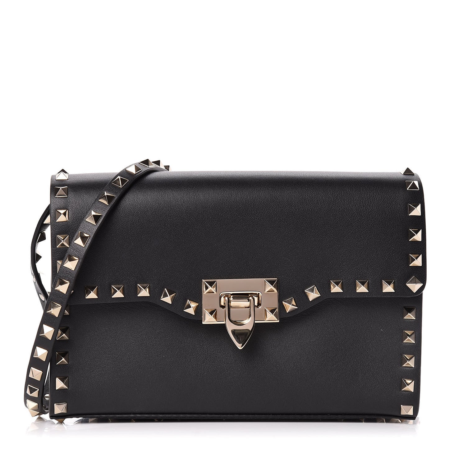 Vitello Medium Rockstud Flip Lock Crossbody Bag Black