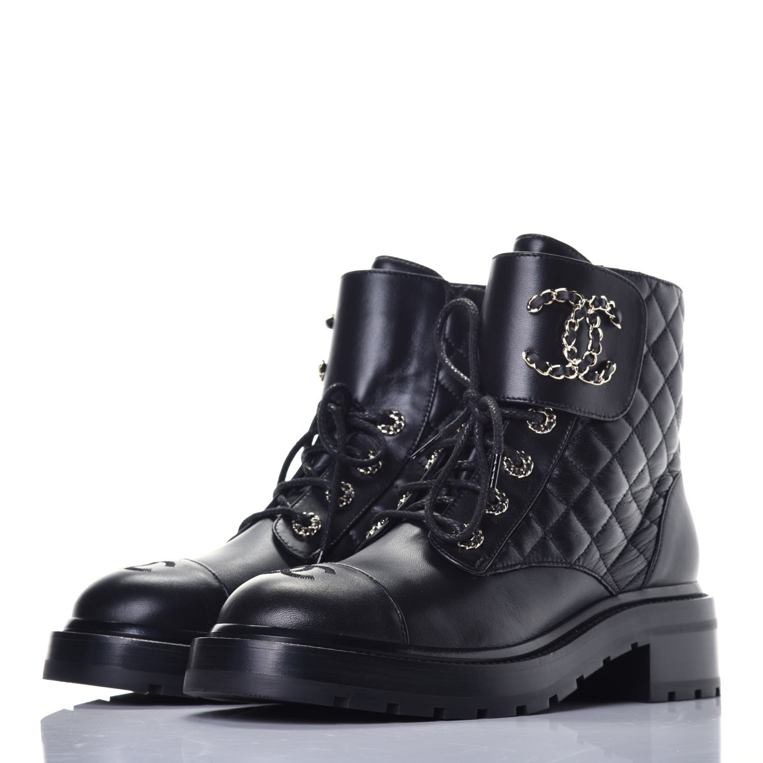Chanel Shiny Lambskin Quilted Lace Up Combat Boots 39 Black 3 of 9