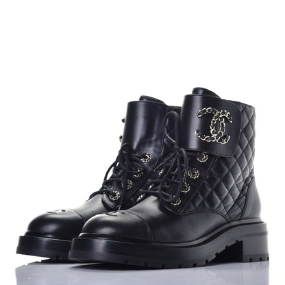 Chanel Shiny Lambskin Quilted Lace Up Combat Boots 39 Black 3 of 9