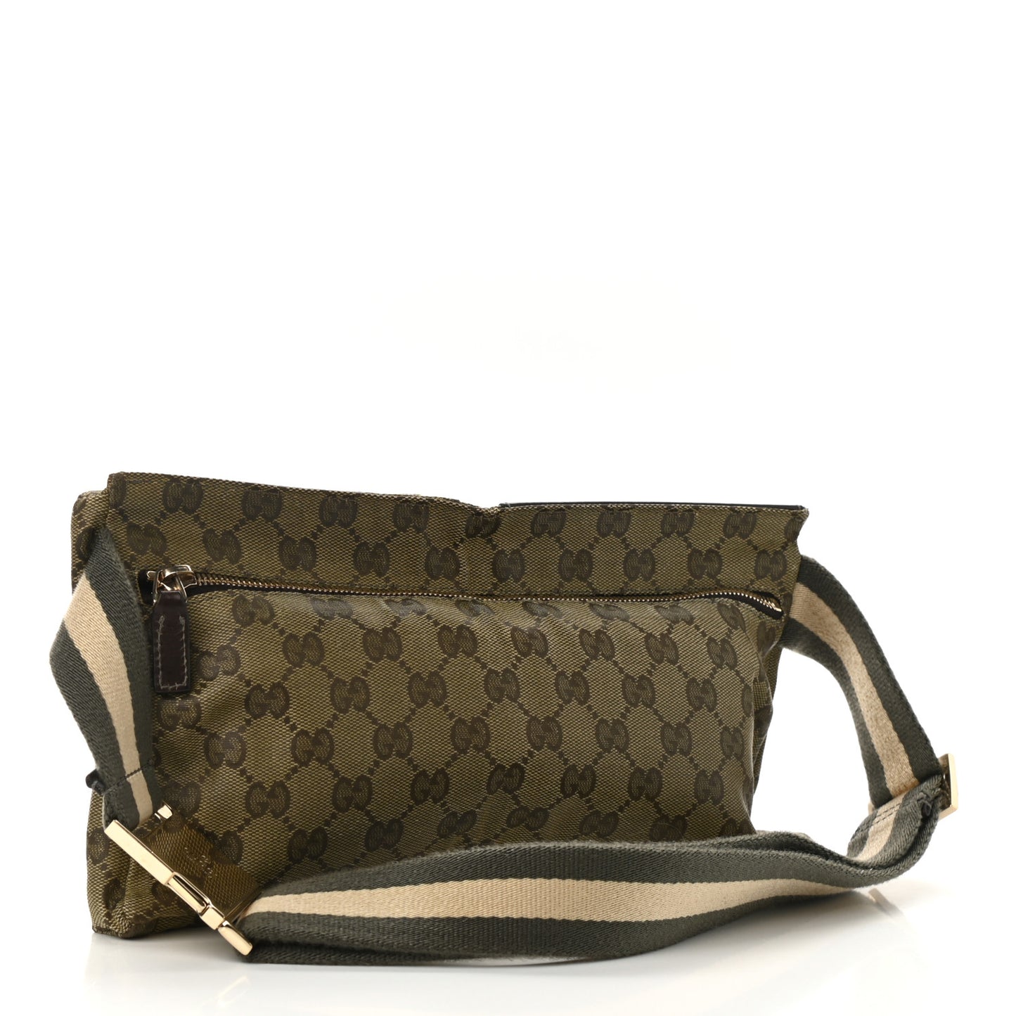 GG Monogram Web Double Pocket Belt Bag Green Dark Brown
