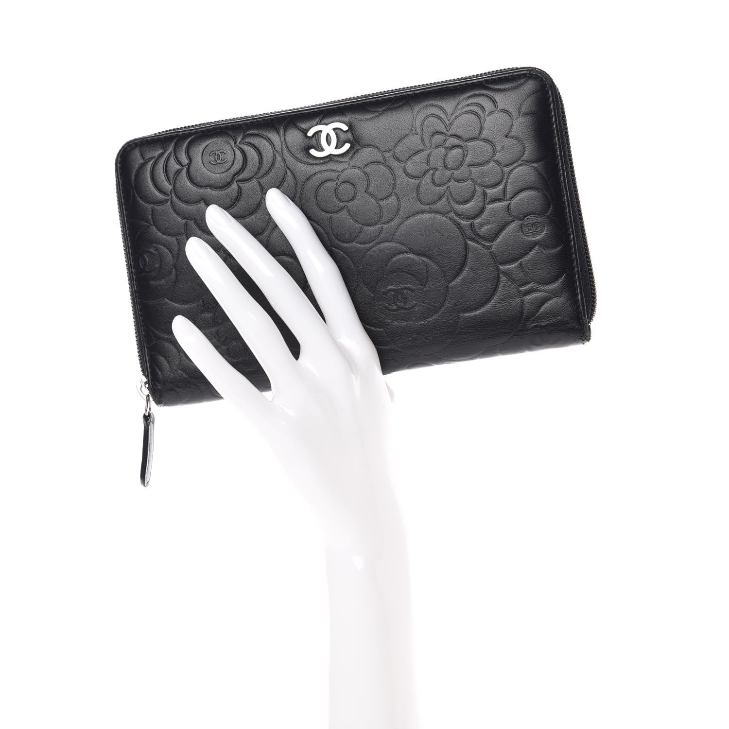 Chanel Lambskin Camellia Embossed Zip Around Organizer Wallet Black 2 of 10