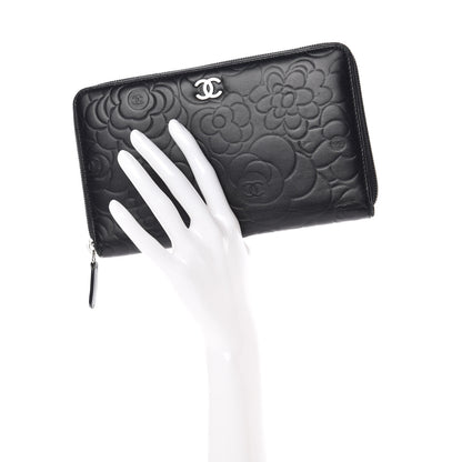Chanel Lambskin Camellia Embossed Zip Around Organizer Wallet Black 2 of 10
