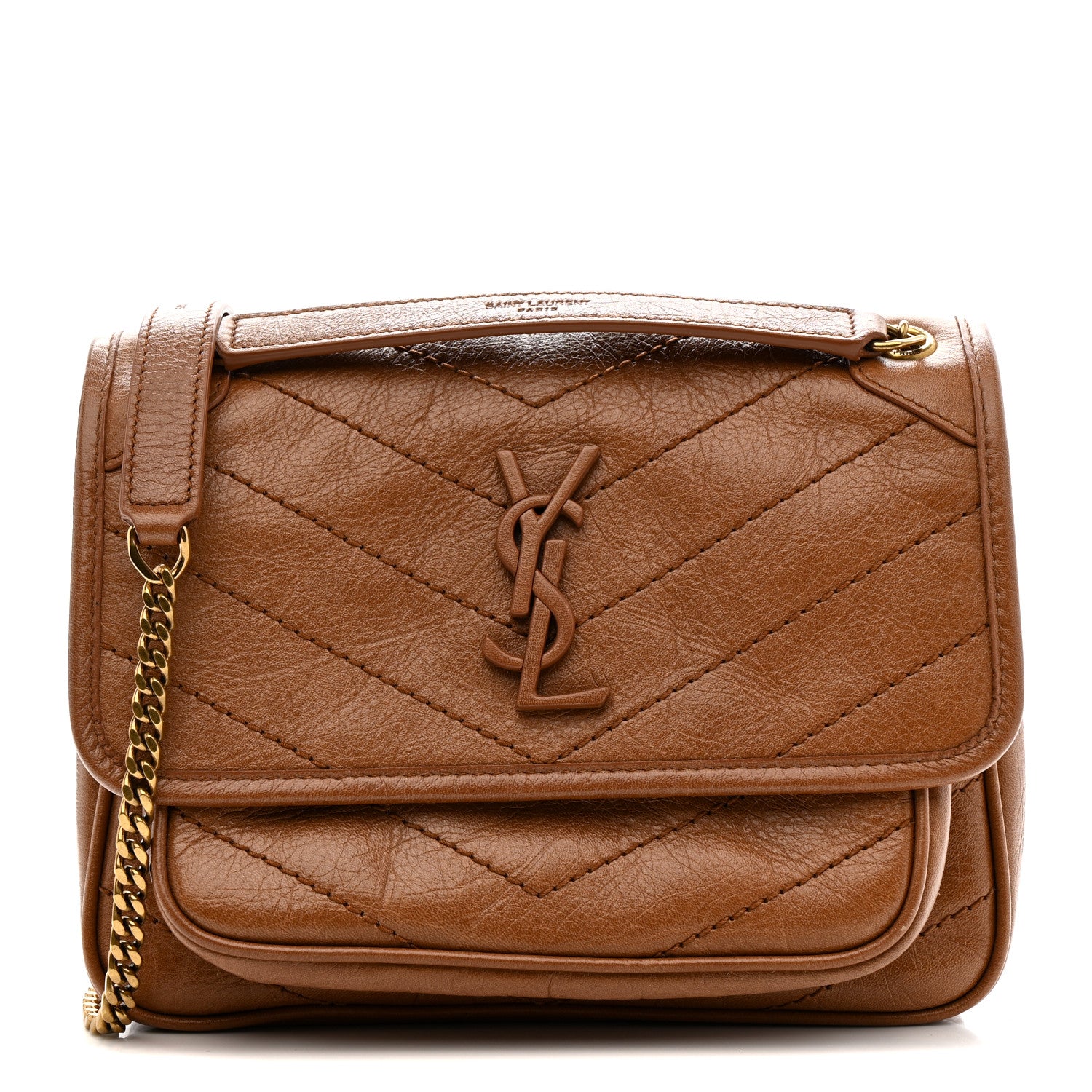 Saint Laurent Crinkled Calfskin Matelasse Monogram Baby Niki Chain Satchel Light Caramel 1 of 10