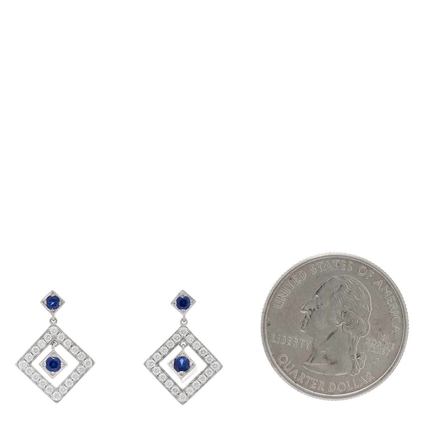 Tiffany Platinum Diamond Blue Sapphire Open Square Drop Earrings 2 of 4