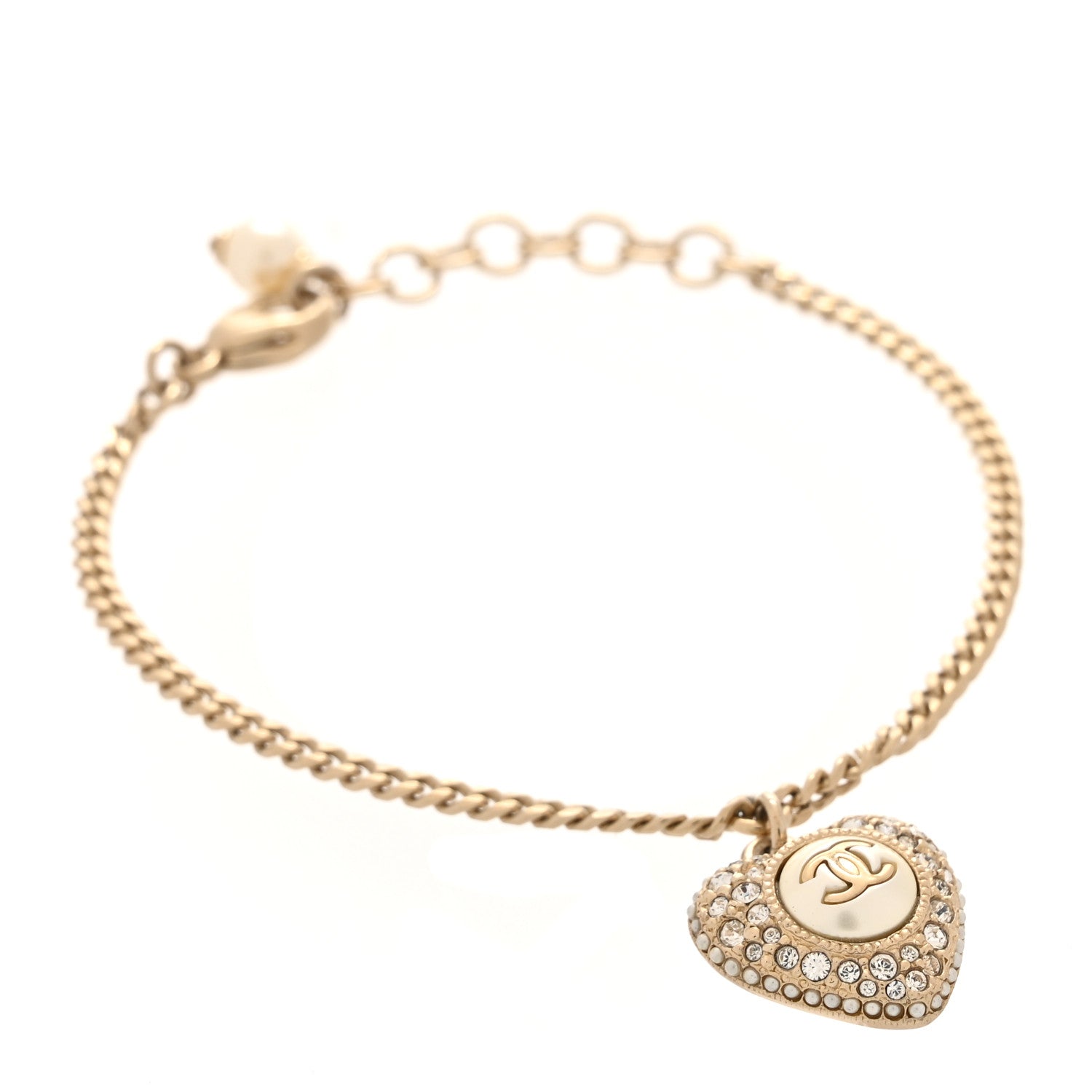Chanel Crystal Pearl Chain Heart Bracelet Gold 1 of 5