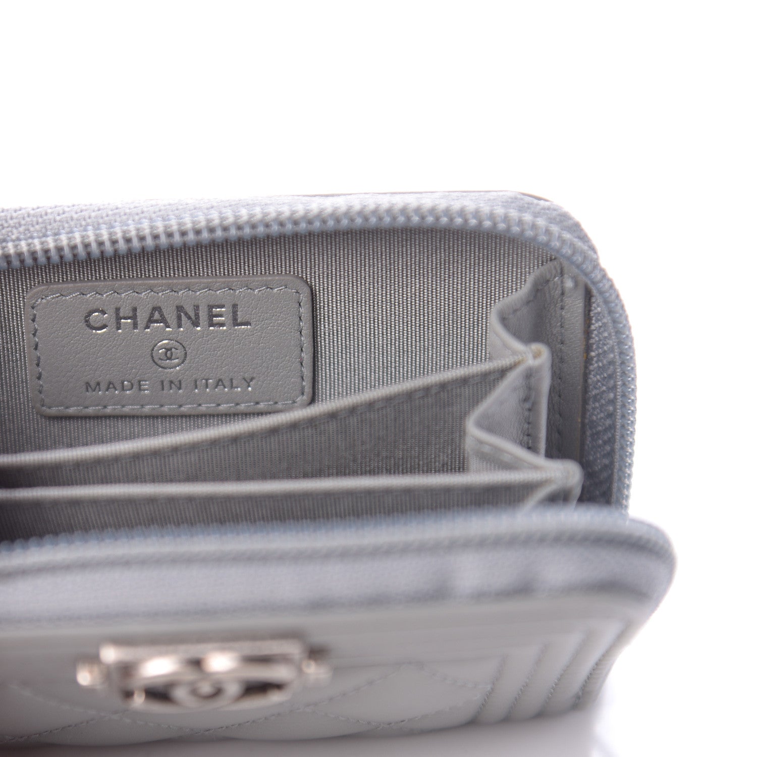 Chanel Lambskin Quilted Boy Zip Around Coin Purse Wallet Grey 8 of 10