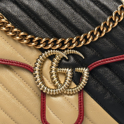 Gucci Vintage Effect Calfskin Matelasse Diagonal Striped Small Torchon GG Marmont Shoulder Bag Black Beige 8 of 10